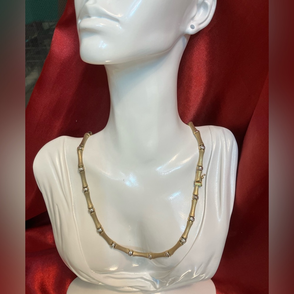 Bamboo Yellow Gold 2 Tone Hollow flexible matt and diamond cut links necklace